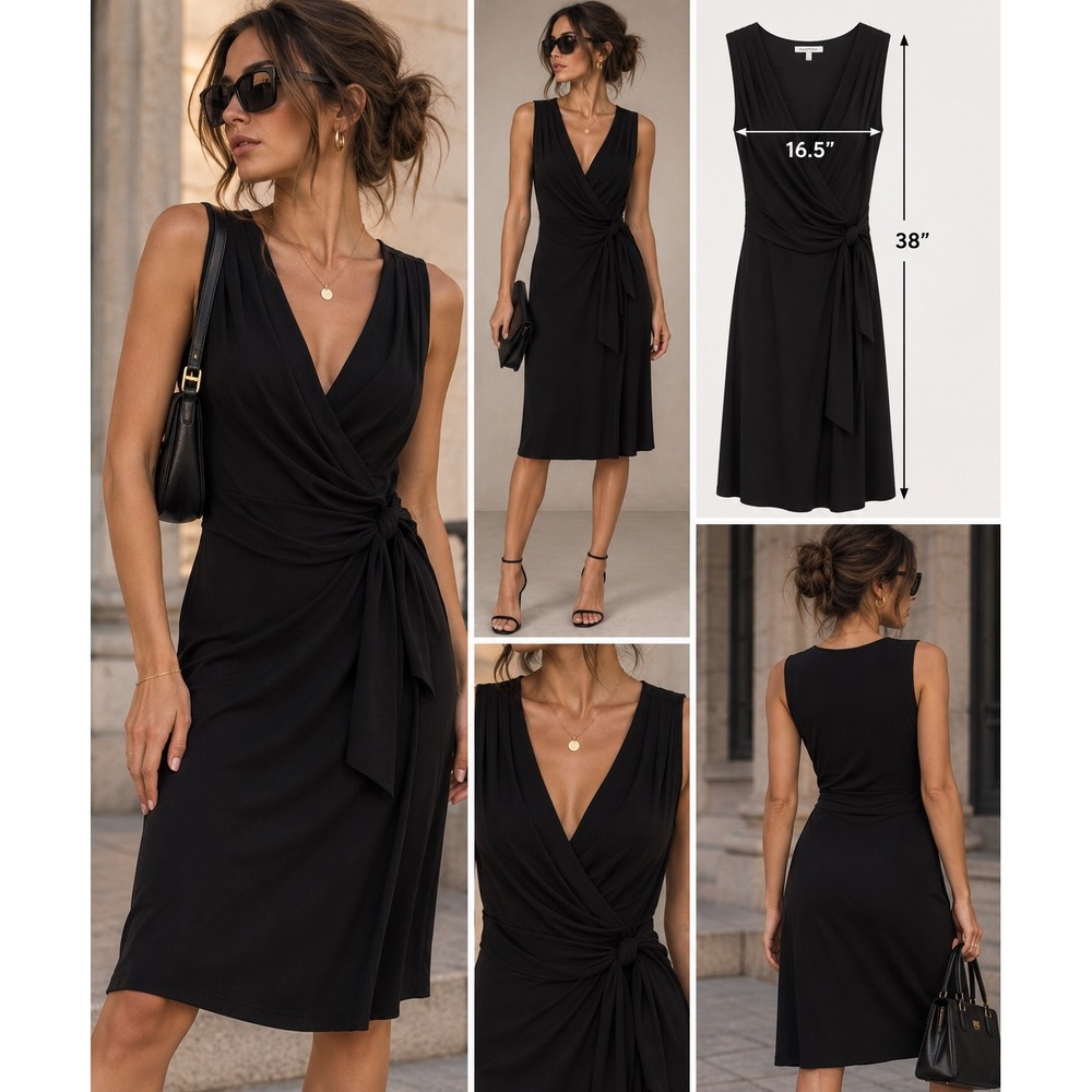 41 Hawthorn Black Wrap Dress L Large LBD Cocktail Quiet Luxury Draped Midi